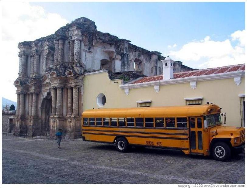 Ruins and school bus.