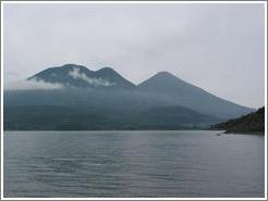 Lake Atitlan with Volcanoes Toliman and Atitlan behind.