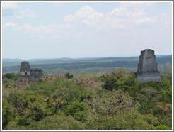 Tikal.  Templos I, II, and III, as viewed from Templo IV.