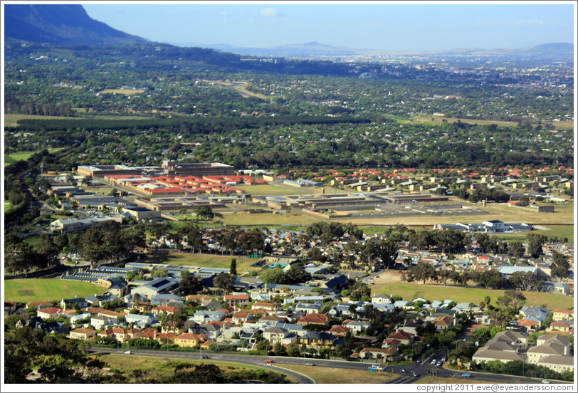 Cape Flats, including Pollsmoor Prison (the building with the red roof), one of the prisons where Nelson Mandela was held.