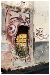 Graffiti. A face around an unused door says, "Casas sin gente / gente sin casa" ("Homes without people / people without homes"). Calle de San Juan de los Reyes, Albaic?