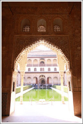 Patio de los Arrayanes seen through an arch in the Sala de la Barca, Nasrid Palace, Alhambra.