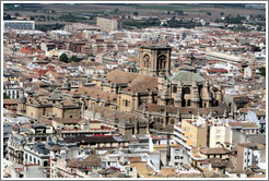 Granada Cathedral, in a sea of other buildings in the city center, viewed from the Alhambra.